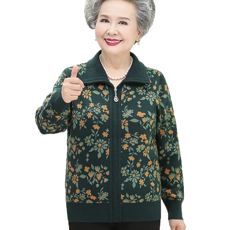 2025 New Middle-aged elderly Women Knit Cardigan Sweater Female Mother Autumn Winter Thick Zipper Knit Wool Cardigan Jacket