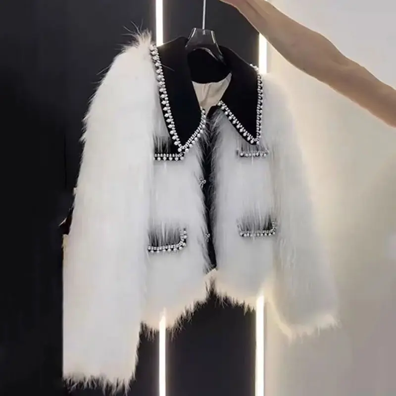 High end Heavy Industry Nail Bead Imitation Fox Fur Grass Jacket Women Autumn Winter 2025New Unique Warm Casual Coat Female Top