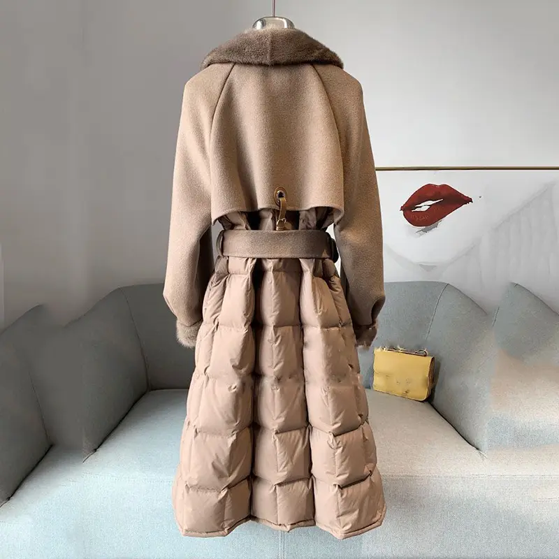 2025 New Winter Jacket Women's Stitching Woolen Coats Female Casual Mid Long Thicken Warm Woolen Overcoat Ladies Outerwear Tops