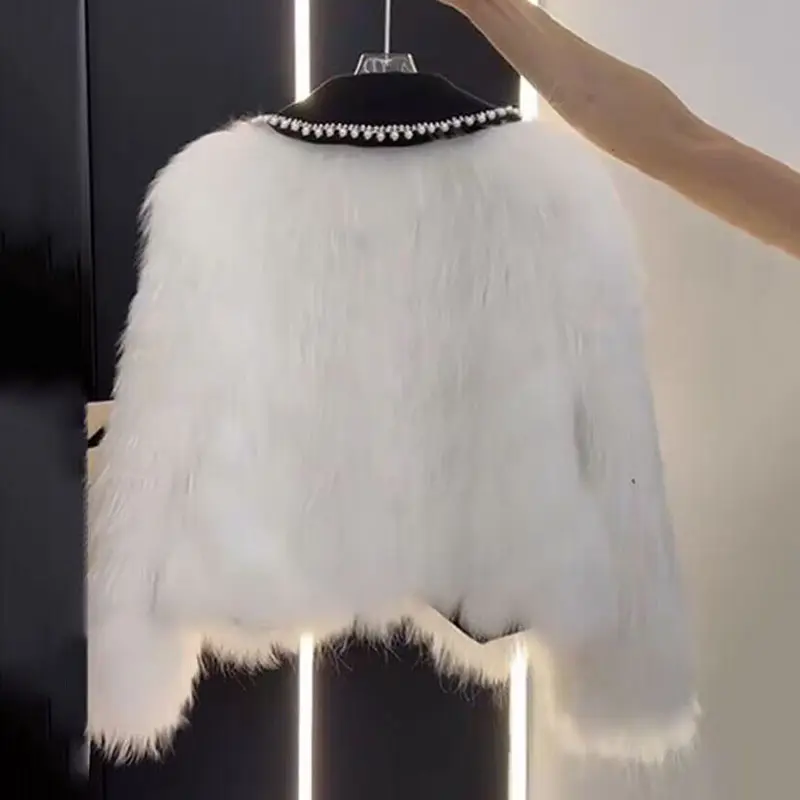 High end Heavy Industry Nail Bead Imitation Fox Fur Grass Jacket Women Autumn Winter 2025New Unique Warm Casual Coat Female Top