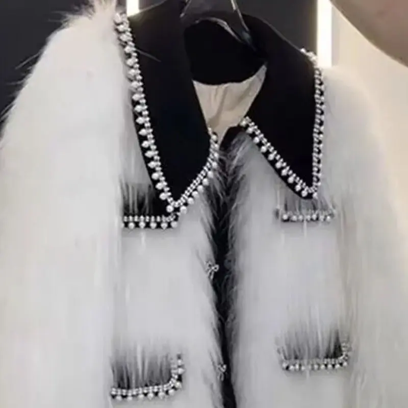 High end Heavy Industry Nail Bead Imitation Fox Fur Grass Jacket Women Autumn Winter 2025New Unique Warm Casual Coat Female Top
