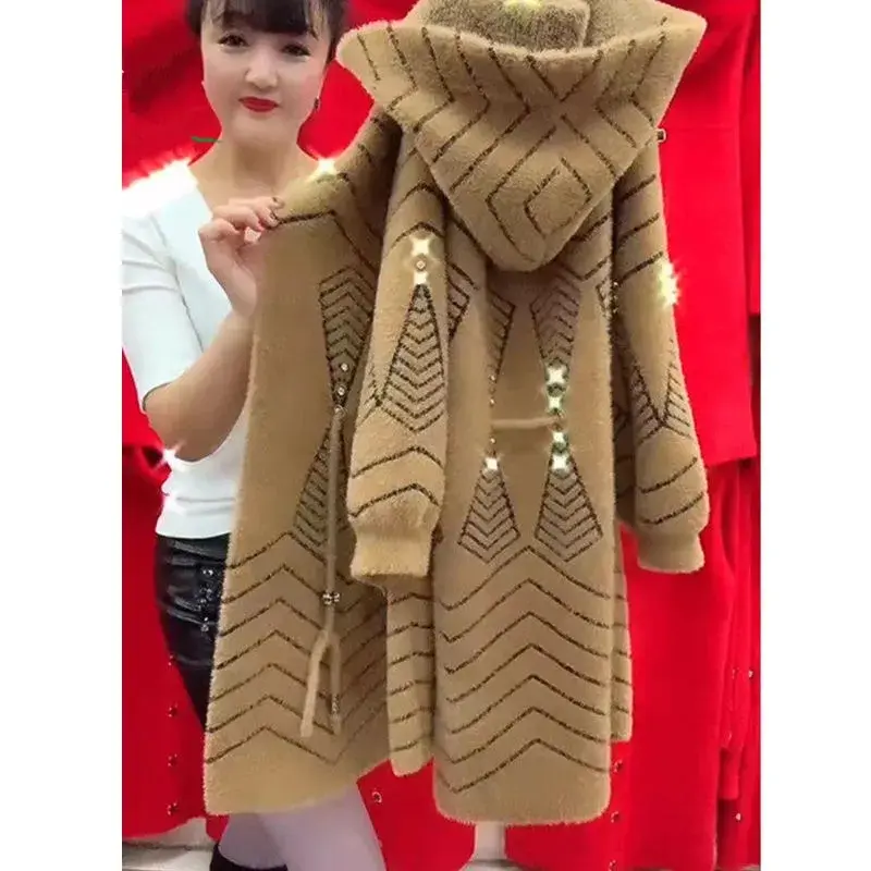 2025 New Autumn Winter Middle Aged Elderly Mother Imitation Mink Velvet Coat Women Long Thicken Hooded Knitted Cardigan Female