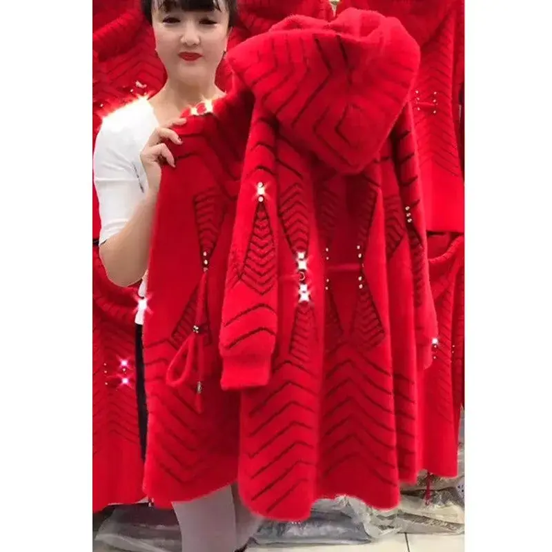 2025 New Autumn Winter Middle Aged Elderly Mother Imitation Mink Velvet Coat Women Long Thicken Hooded Knitted Cardigan Female