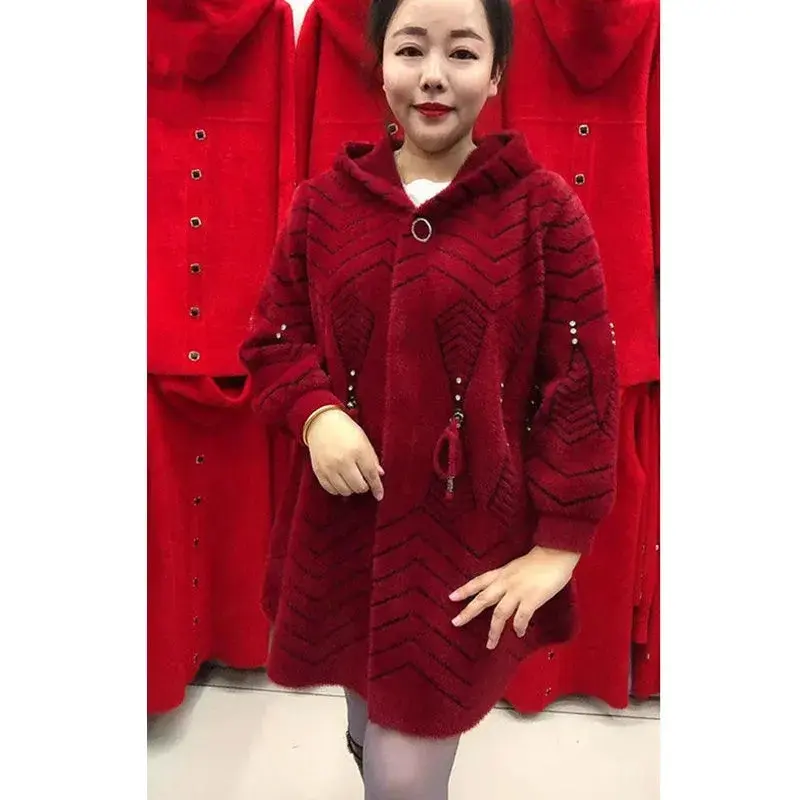 2025 New Autumn Winter Middle Aged Elderly Mother Imitation Mink Velvet Coat Women Long Thicken Hooded Knitted Cardigan Female