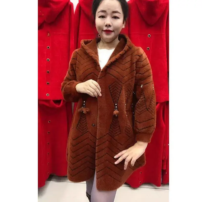 2025 New Autumn Winter Middle Aged Elderly Mother Imitation Mink Velvet Coat Women Long Thicken Hooded Knitted Cardigan Female