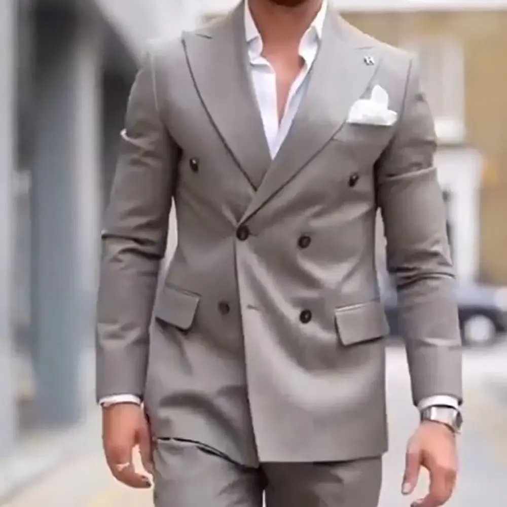 Champagne Men Suits Double  Breasted Business Blazer  Fashion Flim  Fit 2 Piece Jacket Pants Costume Homme