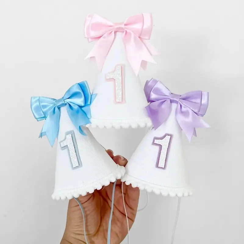 Baby Bowknot 1st Birthday Hat Handmade Party Decoration Cone Hat First Birthday Photography Prop for Girls boys