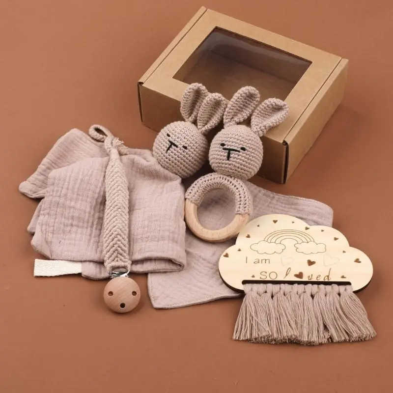 M76C Soft and Safe Infants Mood Soothing Towel and Teething Bib Set with Pacifier Chain Comforting Towel for Newborns Baby