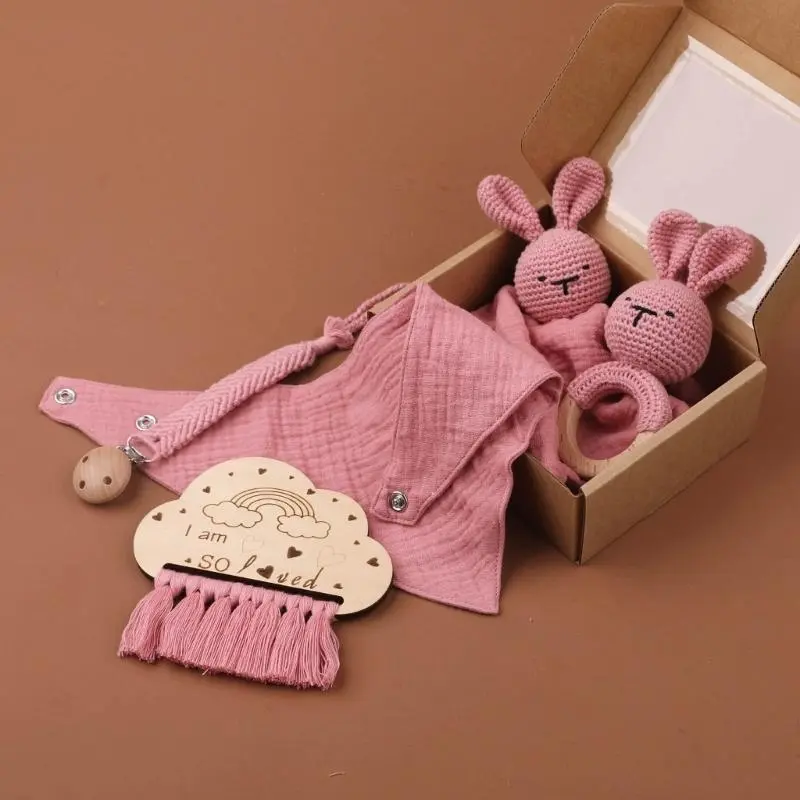 M76C Soft and Safe Infants Mood Soothing Towel and Teething Bib Set with Pacifier Chain Comforting Towel for Newborns Baby