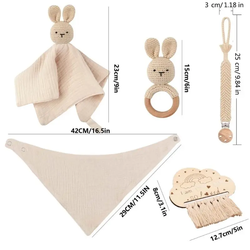M76C Soft and Safe Infants Mood Soothing Towel and Teething Bib Set with Pacifier Chain Comforting Towel for Newborns Baby