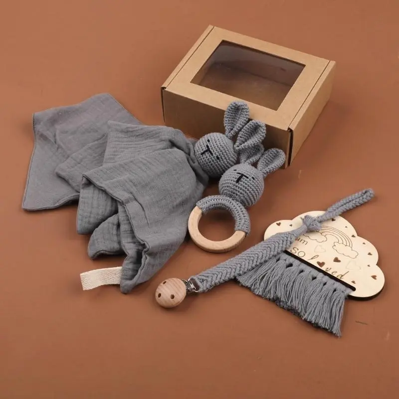 M76C Soft and Safe Infants Mood Soothing Towel and Teething Bib Set with Pacifier Chain Comforting Towel for Newborns Baby