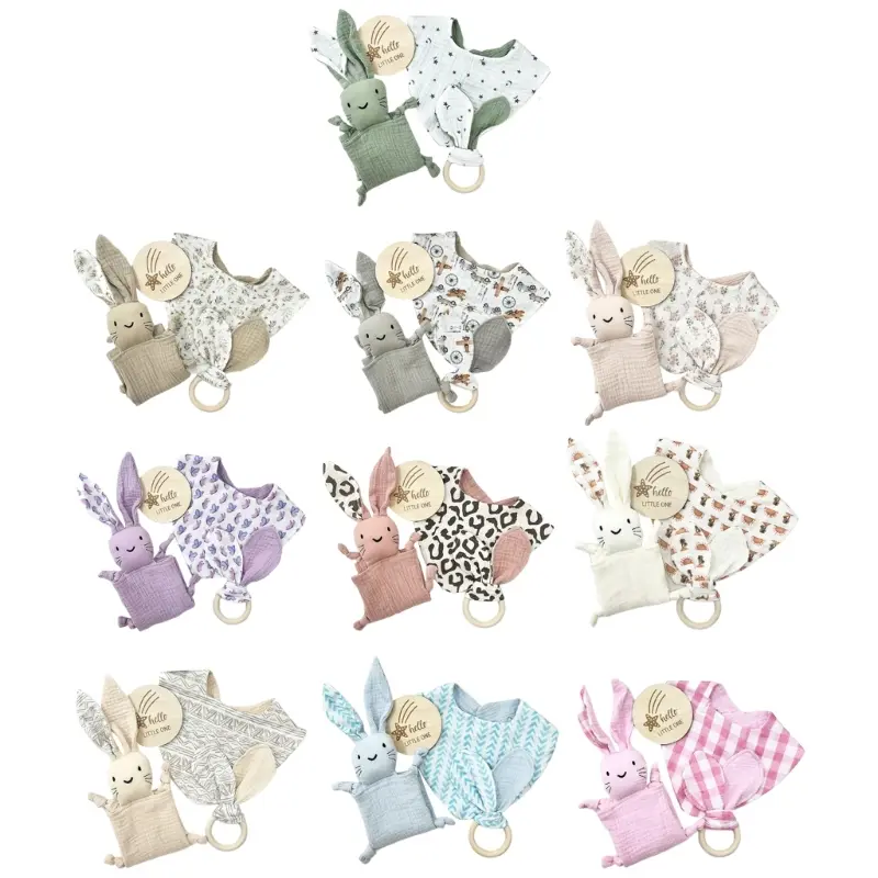 4pcs Set Cotton Muslin Baby Bib Stuffed Rabbit Doll Newborn Appease Towel Security Blanket Baby Sleeping Cuddling Towel Teether