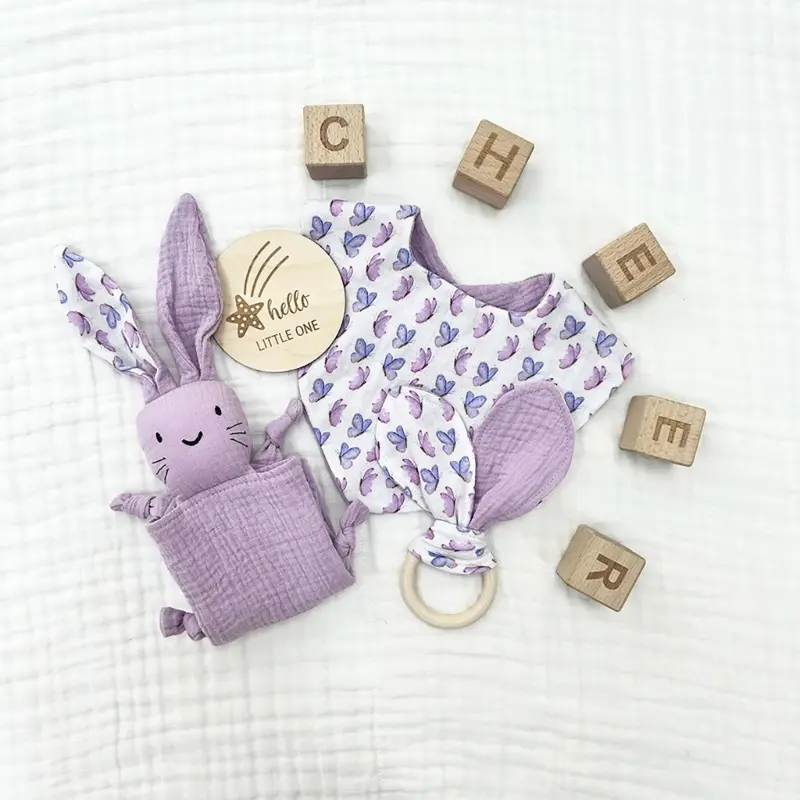 4pcs Set Cotton Muslin Baby Bib Stuffed Rabbit Doll Newborn Appease Towel Security Blanket Baby Sleeping Cuddling Towel Teether