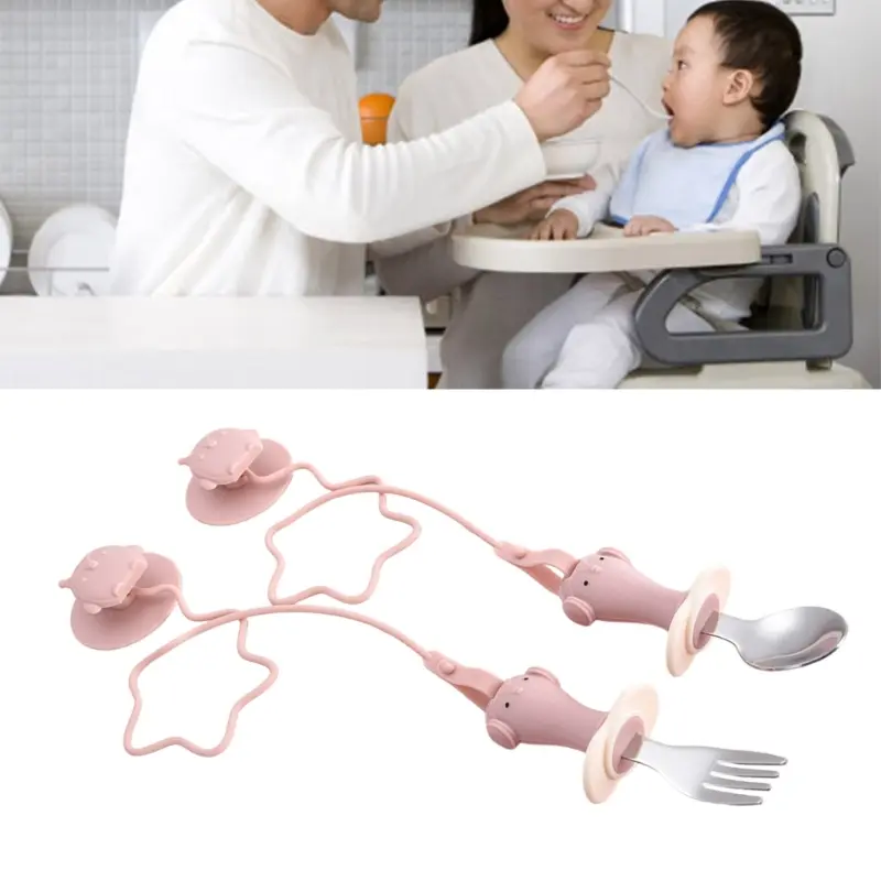 2PCS Baby Silicone Stainless Steel Fork Spoon with Suction Base Portable Baby Tableware Feeding Training Baby Utensils Stuff