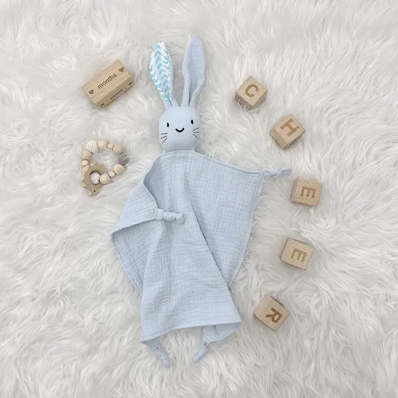 4pcs Set Cotton Muslin Baby Bib Stuffed Rabbit Doll Newborn Appease Towel Security Blanket Baby Sleeping Cuddling Towel Teether