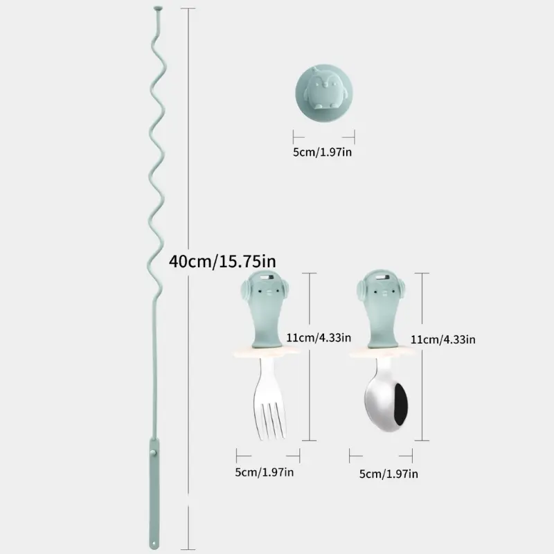 2PCS Baby Silicone Stainless Steel Fork Spoon with Suction Base Portable Baby Tableware Feeding Training Baby Utensils Stuff