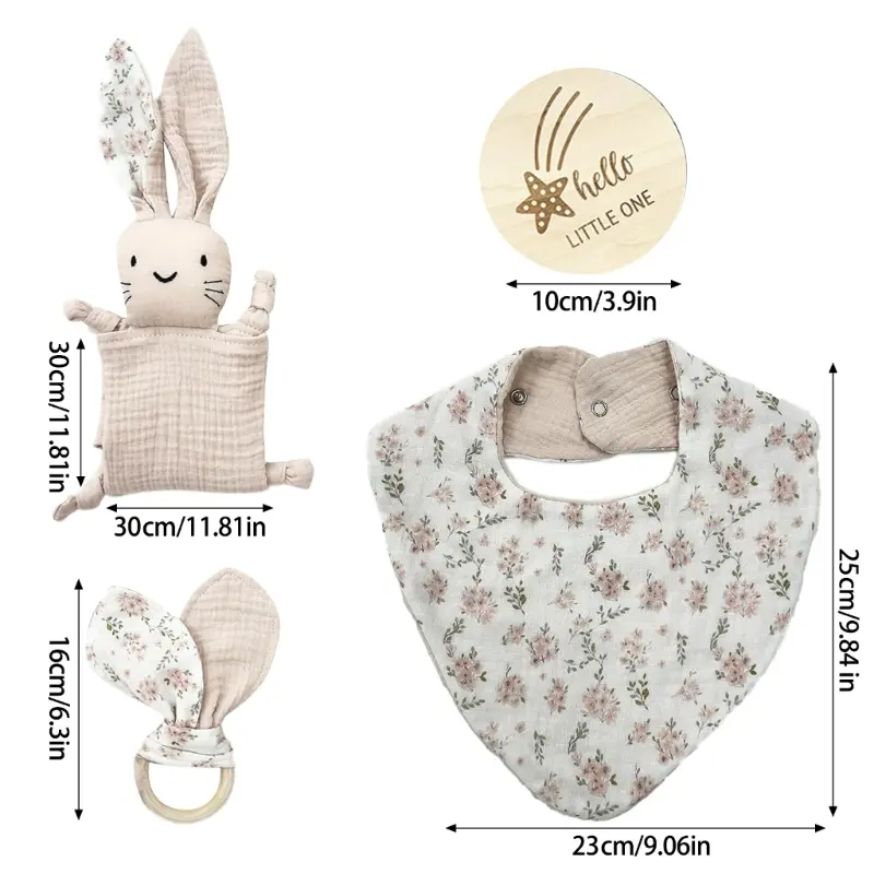 4pcs Set Cotton Muslin Baby Bib Stuffed Rabbit Doll Newborn Appease Towel Security Blanket Baby Sleeping Cuddling Towel Teether
