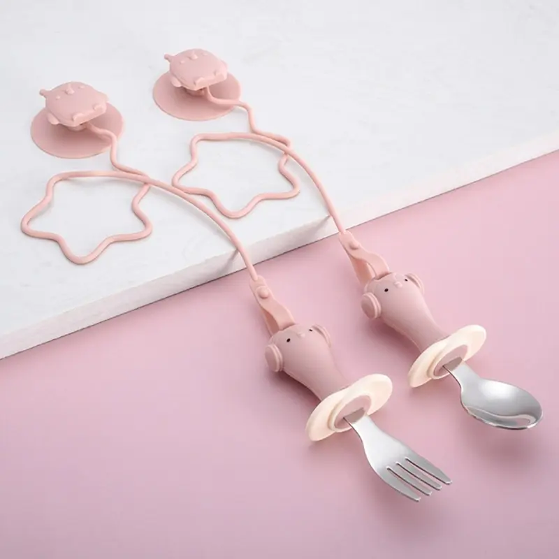 2PCS Baby Silicone Stainless Steel Fork Spoon with Suction Base Portable Baby Tableware Feeding Training Baby Utensils Stuff