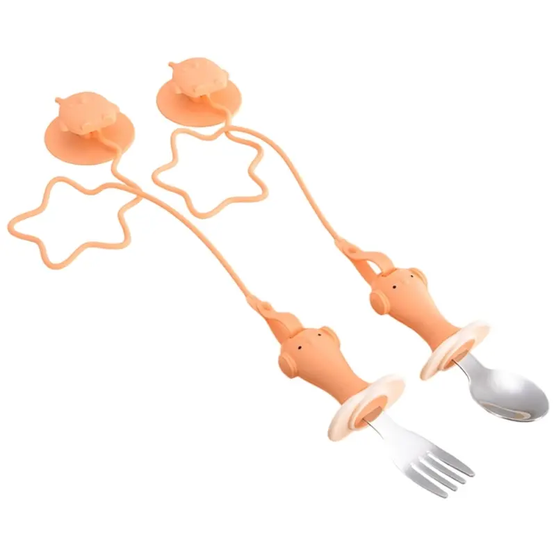 2PCS Baby Silicone Stainless Steel Fork Spoon with Suction Base Portable Baby Tableware Feeding Training Baby Utensils Stuff