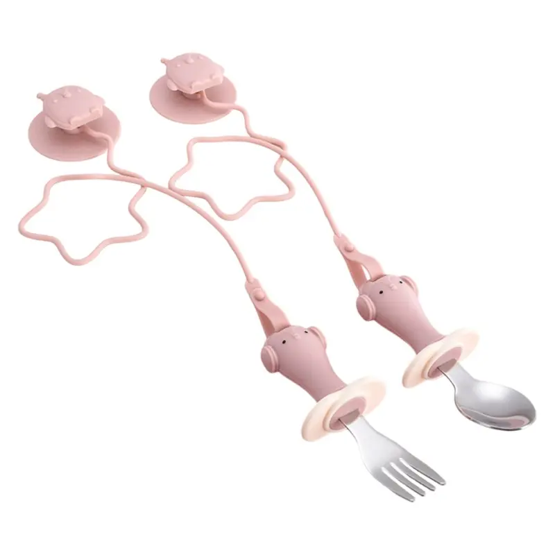 2PCS Baby Silicone Stainless Steel Fork Spoon with Suction Base Portable Baby Tableware Feeding Training Baby Utensils Stuff