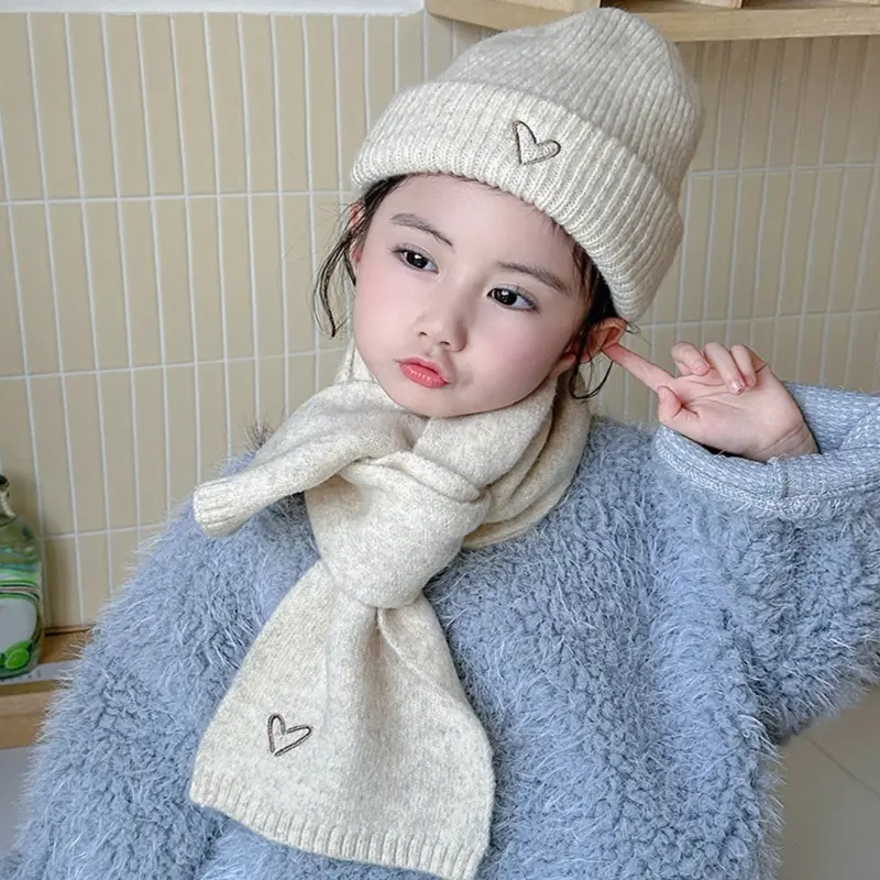 Love Heart Embroidery Baby Knit Hats Scarf Winter Children Solid Color Thick Soft Crochet Warm Beanie Cap Kids Korean Warm Hat