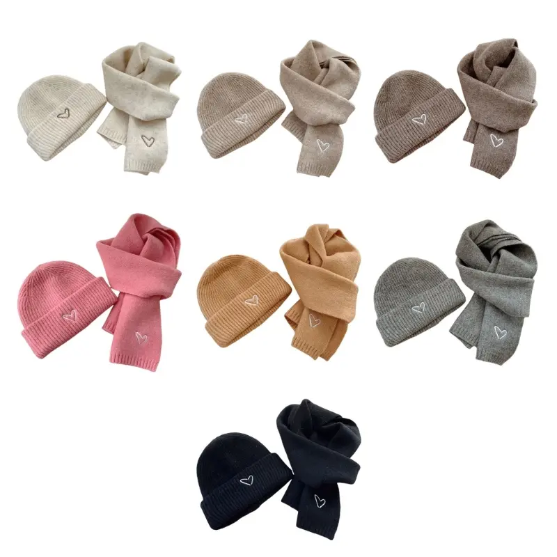 Love Heart Embroidery Baby Knit Hats Scarf Winter Children Solid Color Thick Soft Crochet Warm Beanie Cap Kids Korean Warm Hat