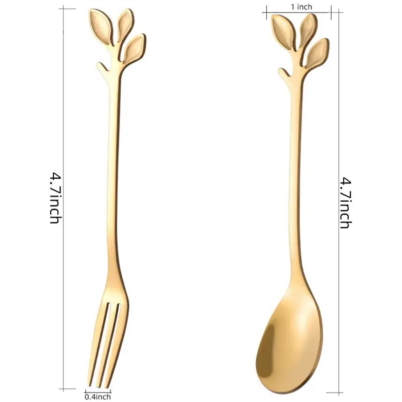HGHO Dessert Spoon Fork Set,40 Pcs 4.7 Inch Cake Fork,Coffee Spoon,Creative Gold Leaf Fruit Fork,(10 Spoon + 10 Fork)