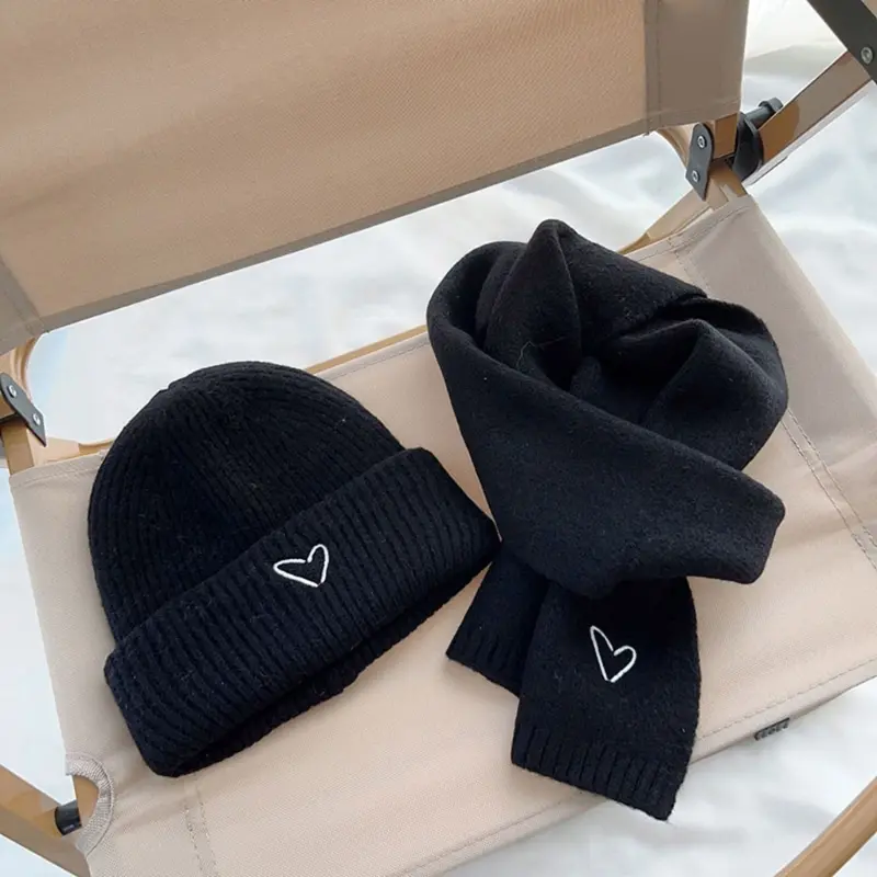 Love Heart Embroidery Baby Knit Hats Scarf Winter Children Solid Color Thick Soft Crochet Warm Beanie Cap Kids Korean Warm Hat