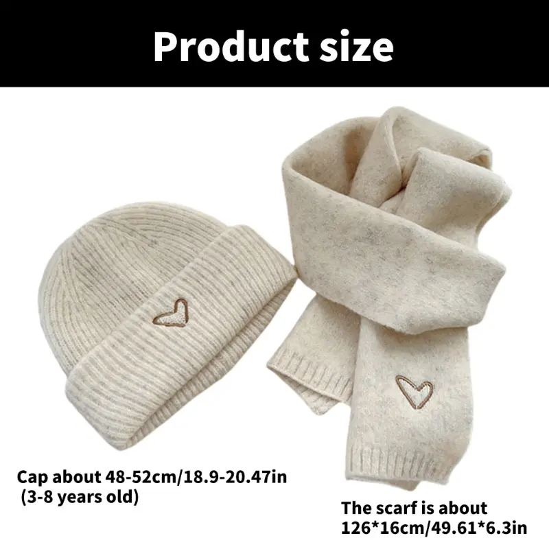 Love Heart Embroidery Baby Knit Hats Scarf Winter Children Solid Color Thick Soft Crochet Warm Beanie Cap Kids Korean Warm Hat