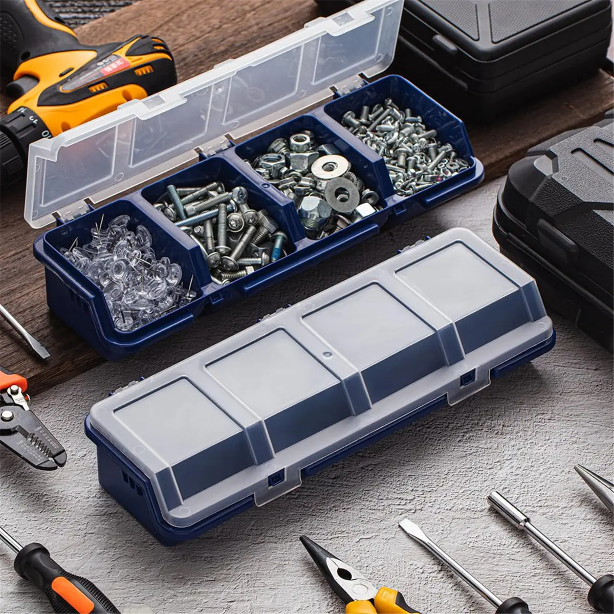 New 4 Pcs Screw Organizers and Storage Bins with Locks Plastic Hardware Organizer Box with Compartment Bolt Organizer Blue