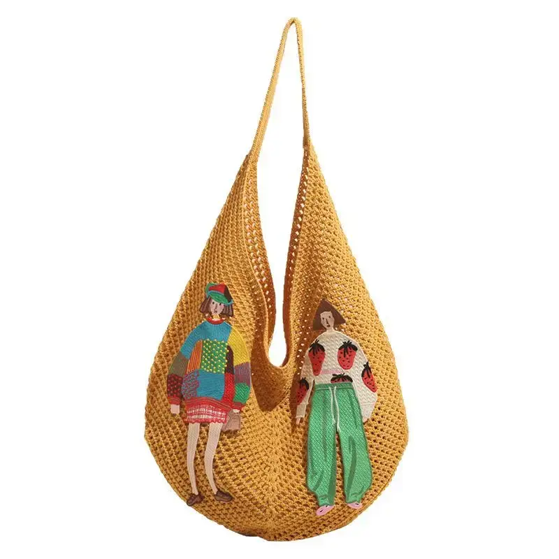 Simple Cartoon Designer Hollow Women Handbag Trend Mesh Knitted Female Tote Bags Girl Shoulder Bag Beach Lightweight Lady Purses