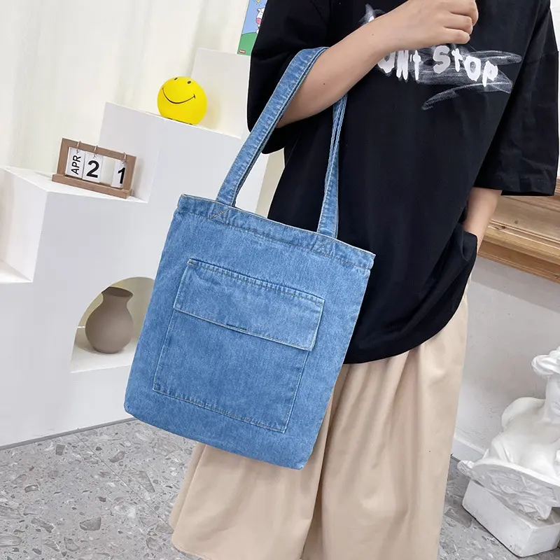 2024 Large Capacity Women Shoulder Bags Wild Casual Handbag Street Canvas Denim Shoulder Bag Solid Color Zipper Shopping Bag