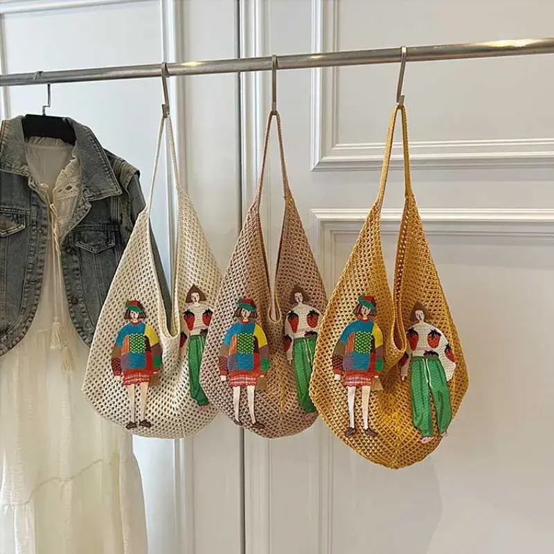 Simple Cartoon Designer Hollow Women Handbag Trend Mesh Knitted Female Tote Bags Girl Shoulder Bag Beach Lightweight Lady Purses