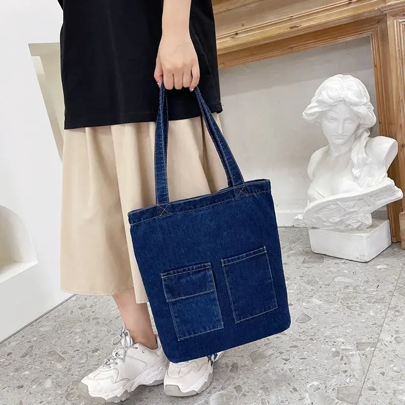 2024 Large Capacity Women Shoulder Bags Wild Casual Handbag Street Canvas Denim Shoulder Bag Solid Color Zipper Shopping Bag