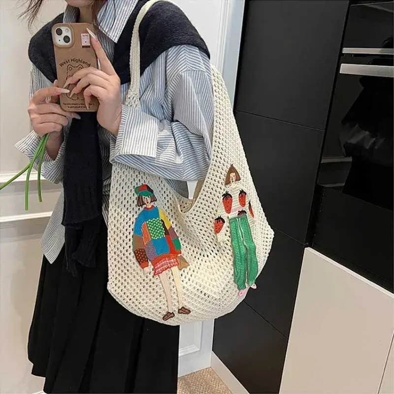 Simple Cartoon Designer Hollow Women Handbag Trend Mesh Knitted Female Tote Bags Girl Shoulder Bag Beach Lightweight Lady Purses