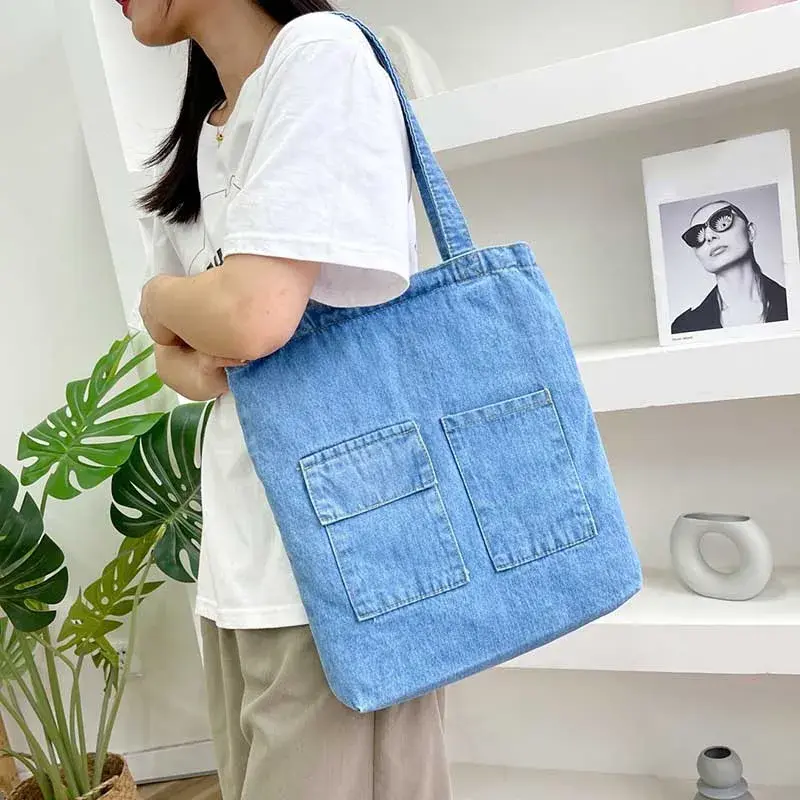 2024 Large Capacity Women Shoulder Bags Wild Casual Handbag Street Canvas Denim Shoulder Bag Solid Color Zipper Shopping Bag