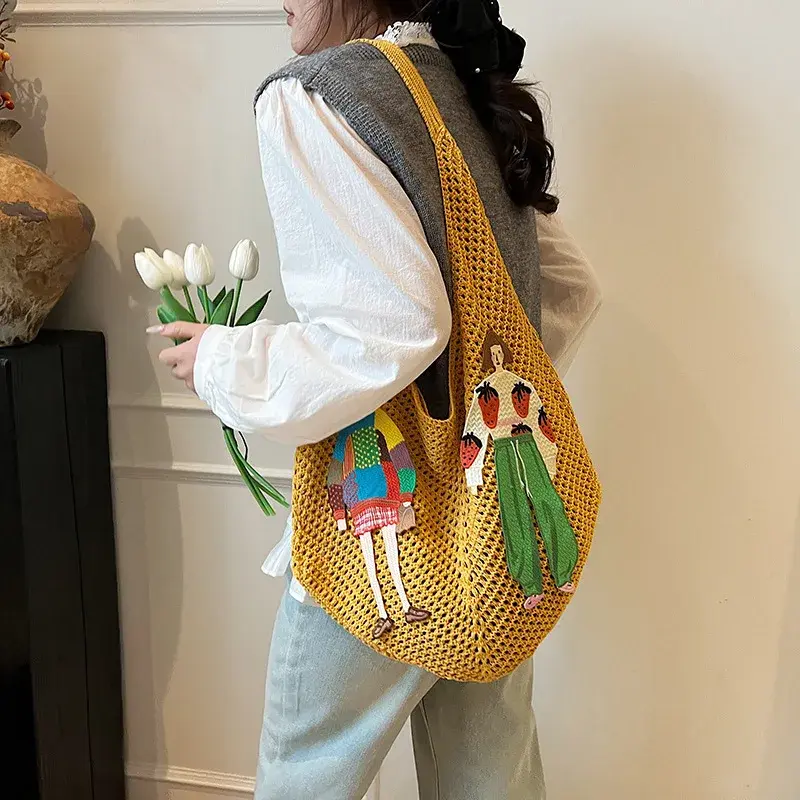 Simple Cartoon Designer Hollow Women Handbag Trend Mesh Knitted Female Tote Bags Girl Shoulder Bag Beach Lightweight Lady Purses