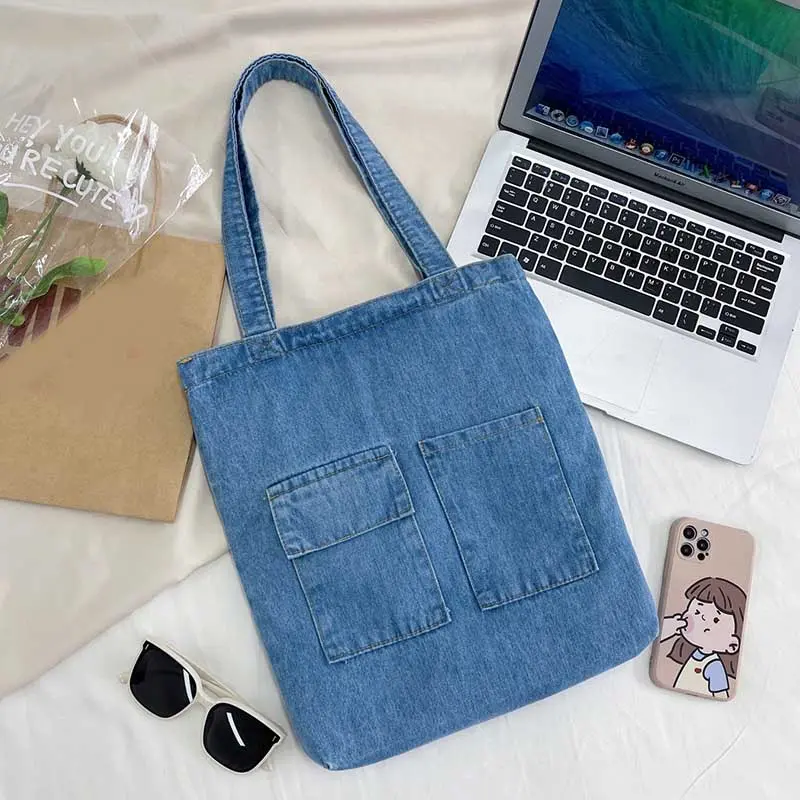 2024 Large Capacity Women Shoulder Bags Wild Casual Handbag Street Canvas Denim Shoulder Bag Solid Color Zipper Shopping Bag