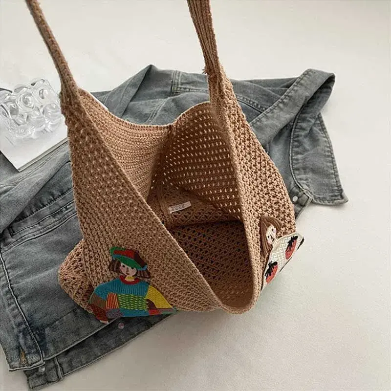 Simple Cartoon Designer Hollow Women Handbag Trend Mesh Knitted Female Tote Bags Girl Shoulder Bag Beach Lightweight Lady Purses