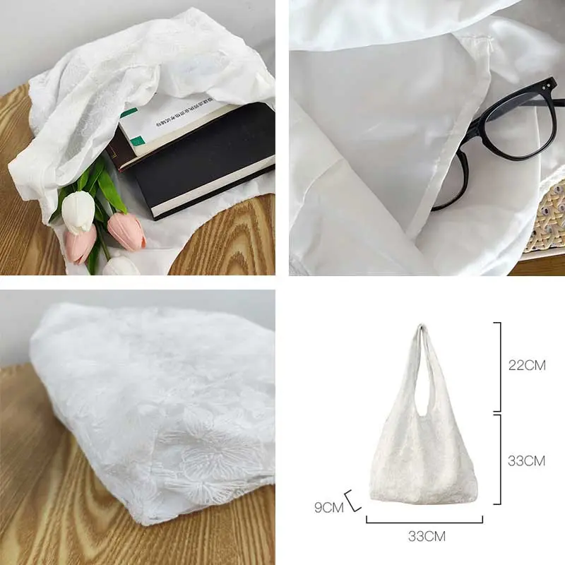 Lace Flowers Women Shoulder Bag Thin Polyester Ladies Shopping Handbags Solid Color Girs Book Bags Casual Female Travel Tote