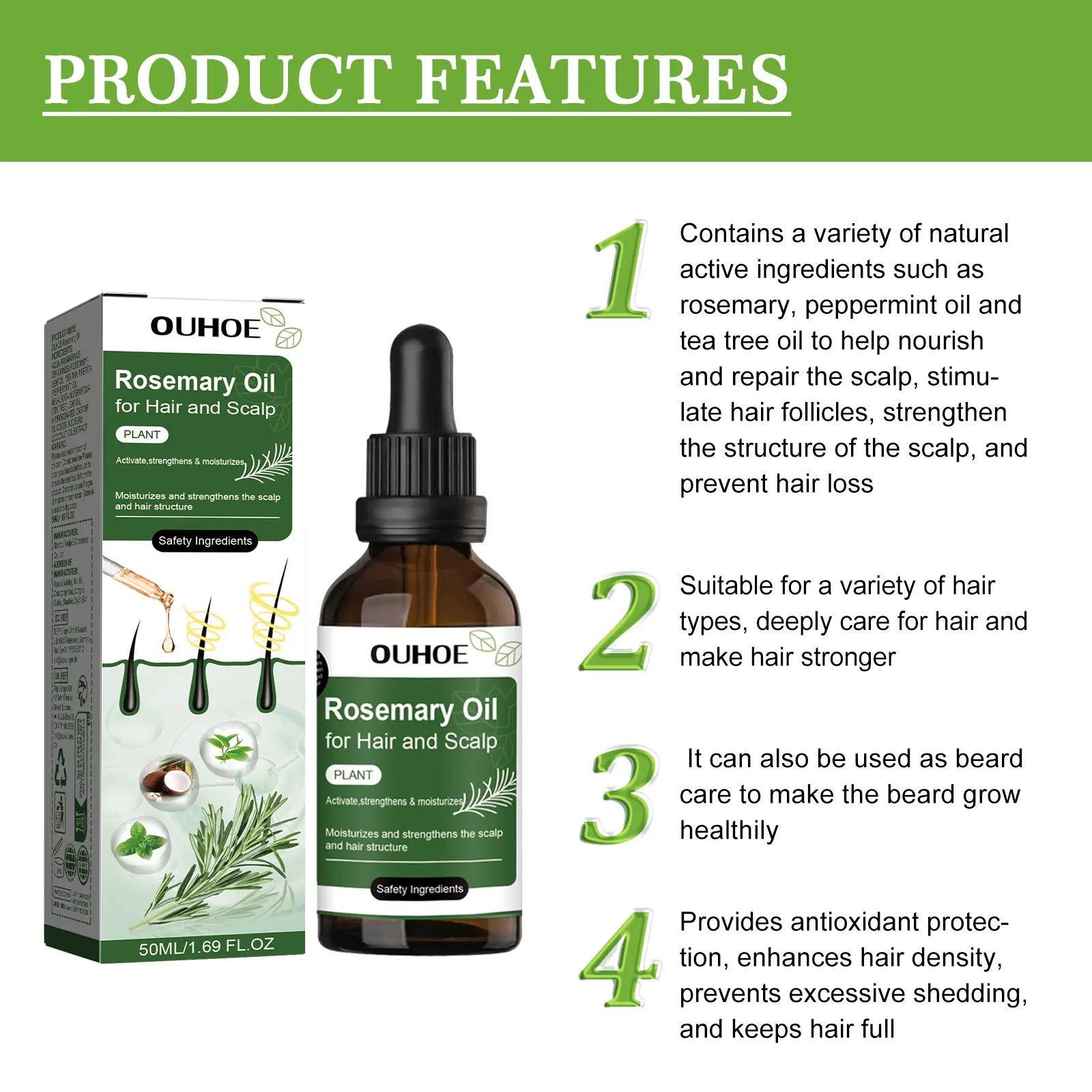 50ml Batana Rosemary Mint Scalp Hair Strengthening Oil Biotin Essential Oils Nourishing Treatment Split Ends Dry All Types