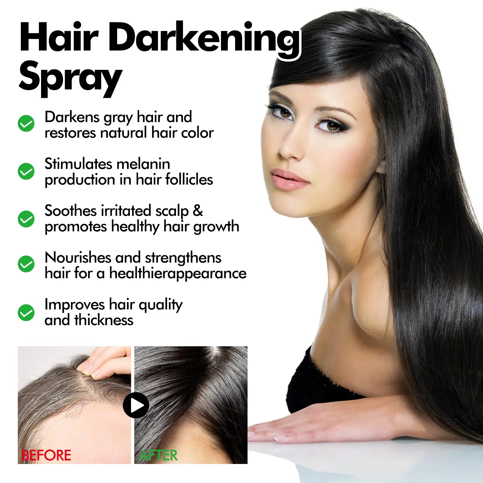 EELHOE Black Hair Spray Dye White to Black Serum Anti Gray Cover White Hair Remover Spray Scalp Nourishing Darkening Hair Spray