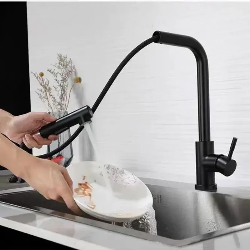 Black Pull Out Kitchen Sink Faucet Flexible 2 Modes Stream & Sprayer Nozzle Faucets Stainless Steel Hot Cold Wate Mixer Tap Deck