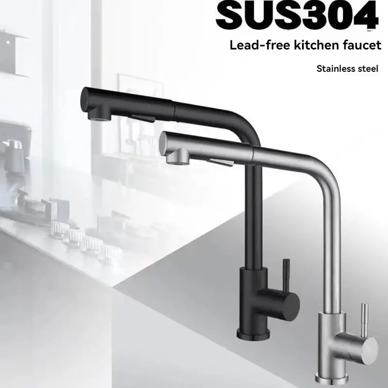 Black Pull Out Kitchen Sink Faucet Flexible 2 Modes Stream & Sprayer Nozzle Faucets Stainless Steel Hot Cold Wate Mixer Tap Deck