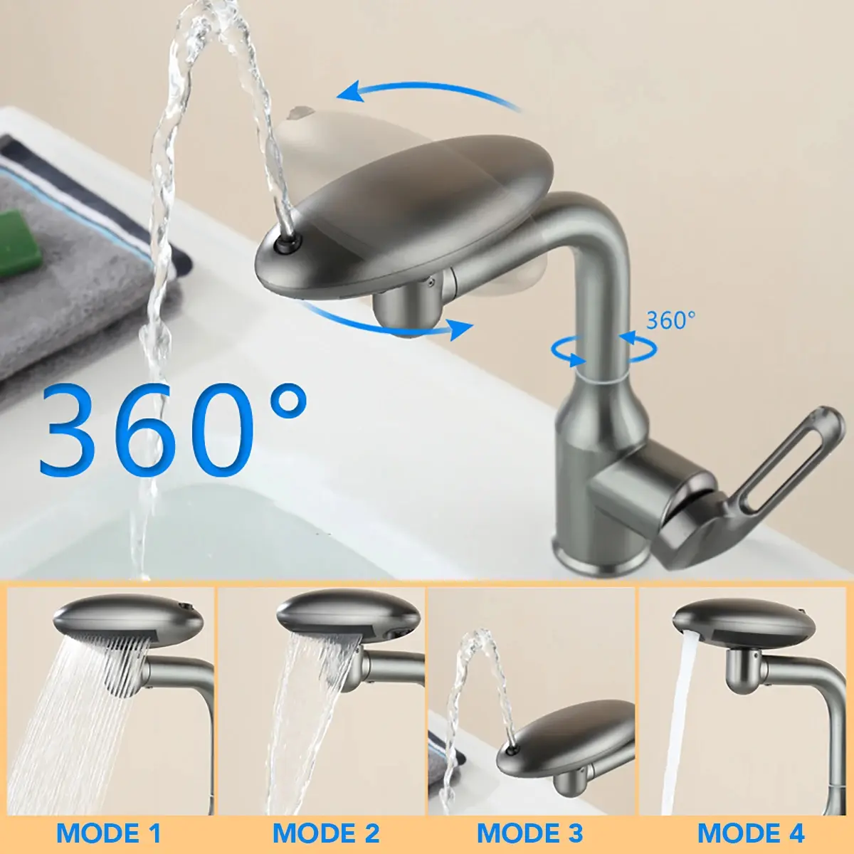 MultiFunctional Waterfall Basin Faucet 4 Modes Stream Sprayer 360° Rotation Hot Cold Water Sink Mixer Wash for Bathroom