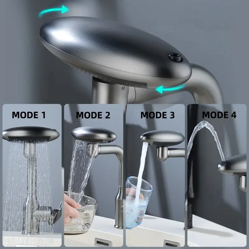 MultiFunctional Waterfall Basin Faucet 4 Modes Stream Sprayer 360° Rotation Hot Cold Water Sink Mixer Wash for Bathroom