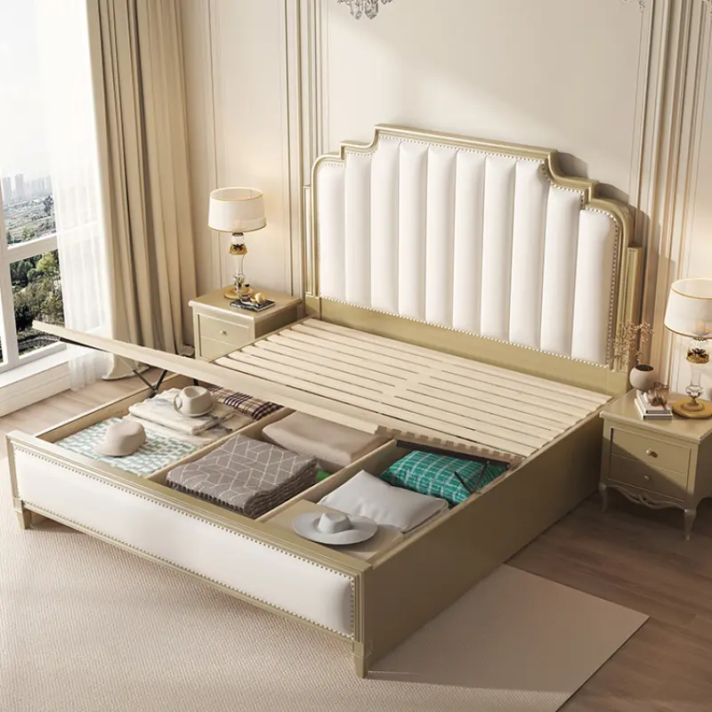 French Elegant Modern Bed Pretty Gold Princess Storage Solid Wood Bed King Size Villa Cama Matrimonial Bedroom Furniture Luxury