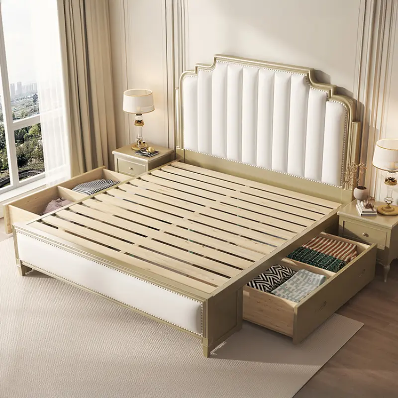 French Elegant Modern Bed Pretty Gold Princess Storage Solid Wood Bed King Size Villa Cama Matrimonial Bedroom Furniture Luxury