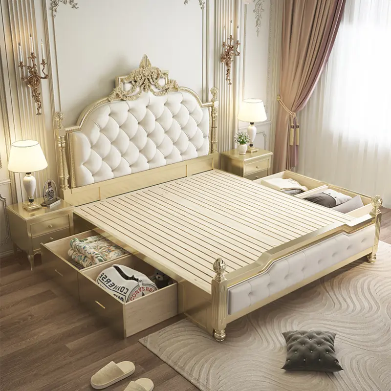 French Modern Elegant Bed Pretty Luxury Princess Solid Wood Bed Adults Villa Camas De Dormitorio Bedroom Set Furniture Queen