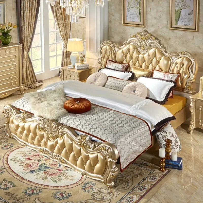 Gold Pretty Luxury Double Bed Frame King Size European Princess Bed Adults Villa Camas De Dormitorio Bedroom Set Furniture